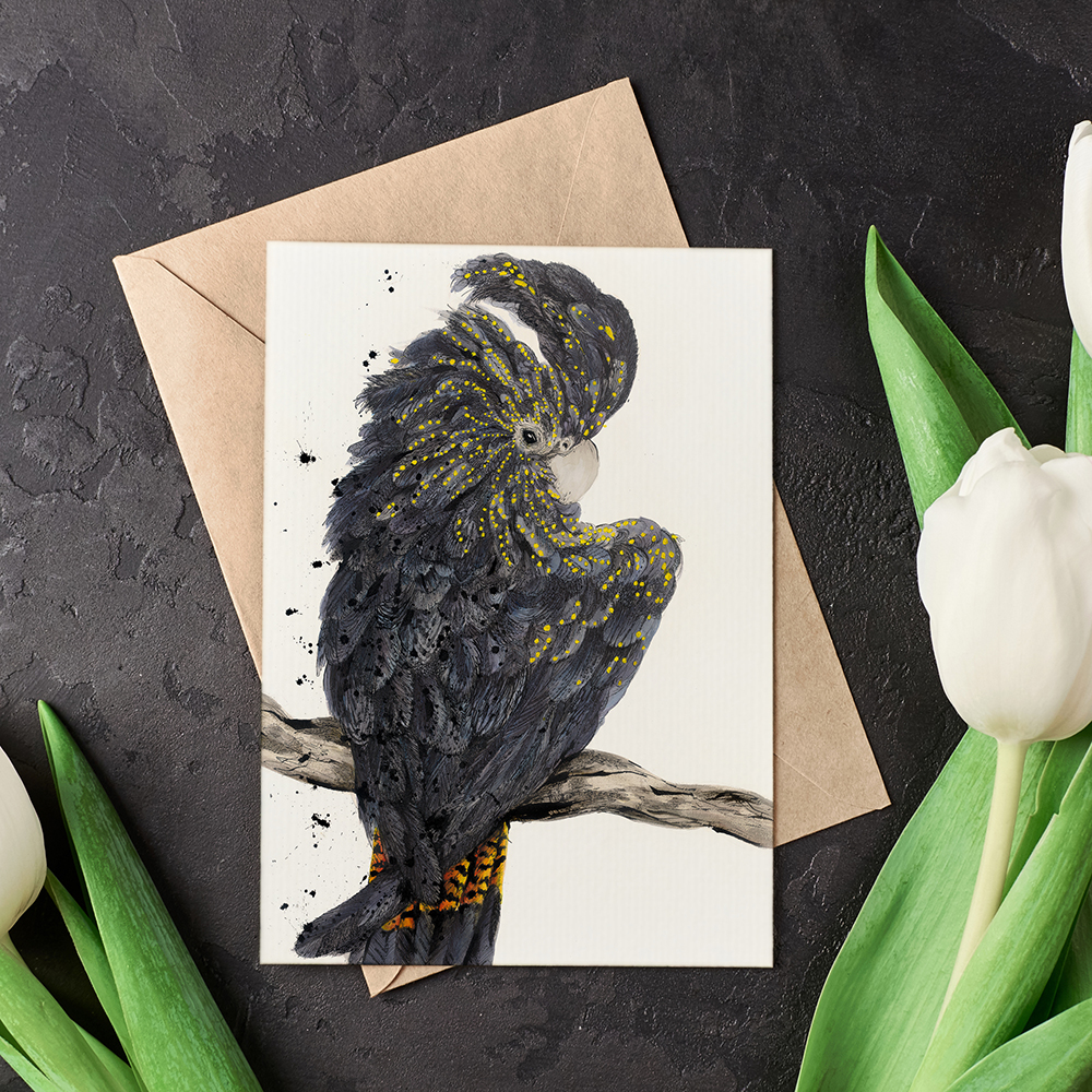 'Sassy' the Red-Tailed Black Cockatoo Greeting Card by Shannon Dwyer Artist
